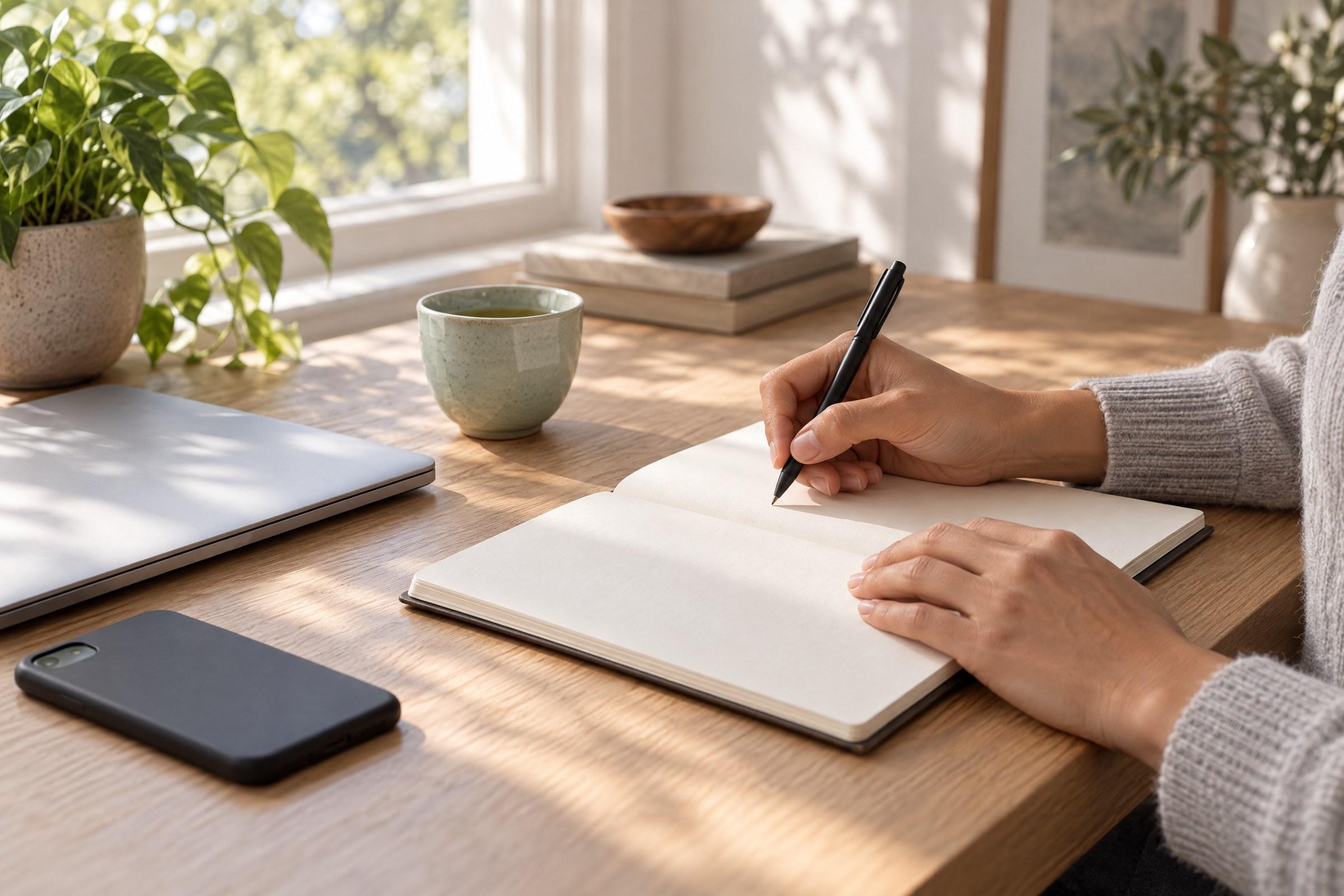 Hands writing in a notebook beside a closed laptop