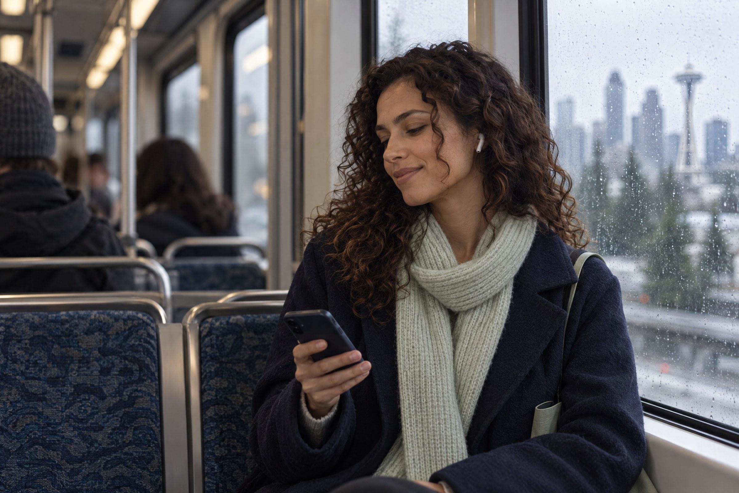 A commuter checks her phone on a light-rail train on a rainy morning