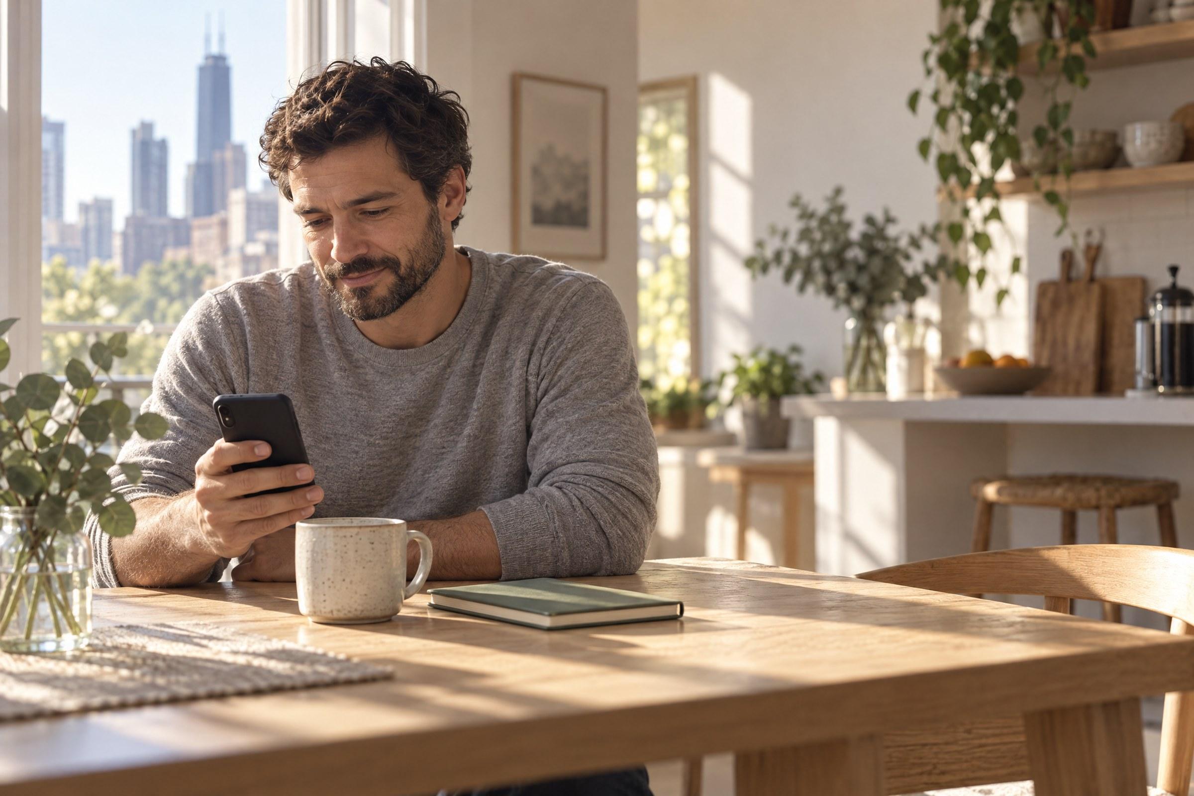 A man reviews his finances on his phone at a sunlit kitchen table