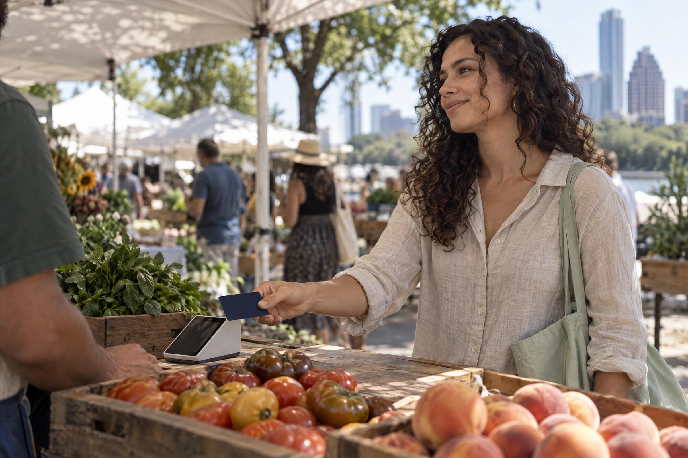 A shopper pays with a NOVARA card at a farmers market stand