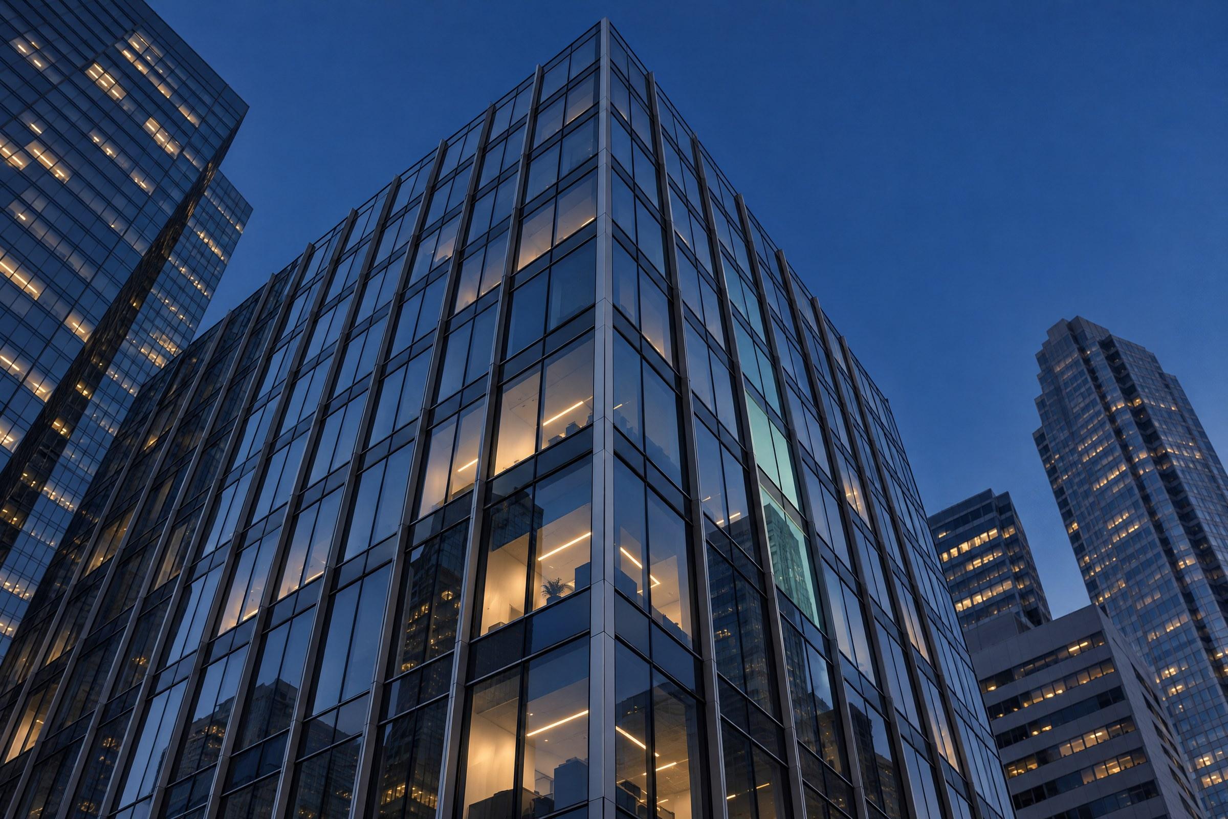 A modern glass building facade at dusk